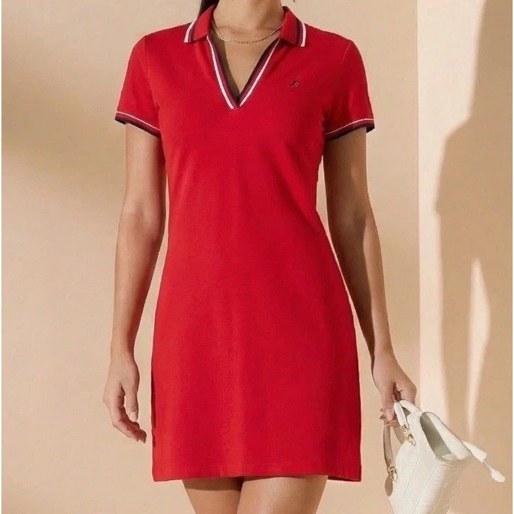 Nautica Preppy Polo Mesh Dress Size Small Split Neck Short Sleeves Cotton Red